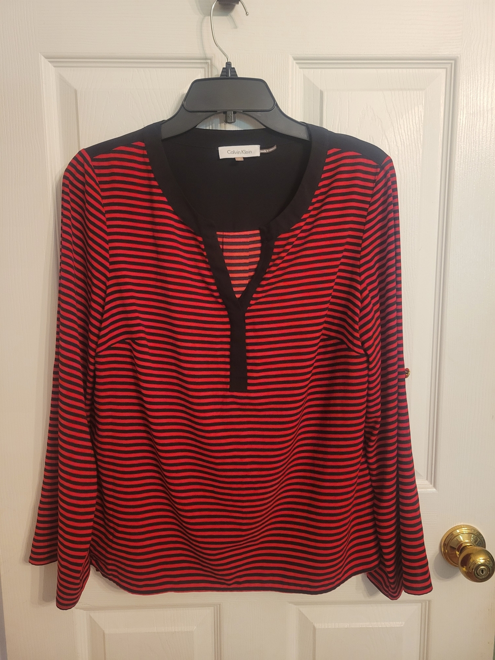 Calvin Klein Red and Black Striped Long Sleeve Split V Top